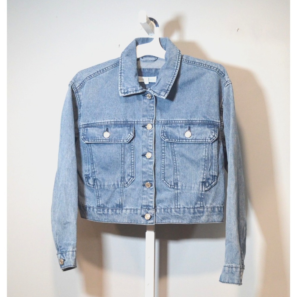 Happily Grey Women's Size M Cropped Denim Jacket Long Sleeves Elastic Back Waist